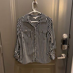 Notations black and white striped blouse, size petite medium